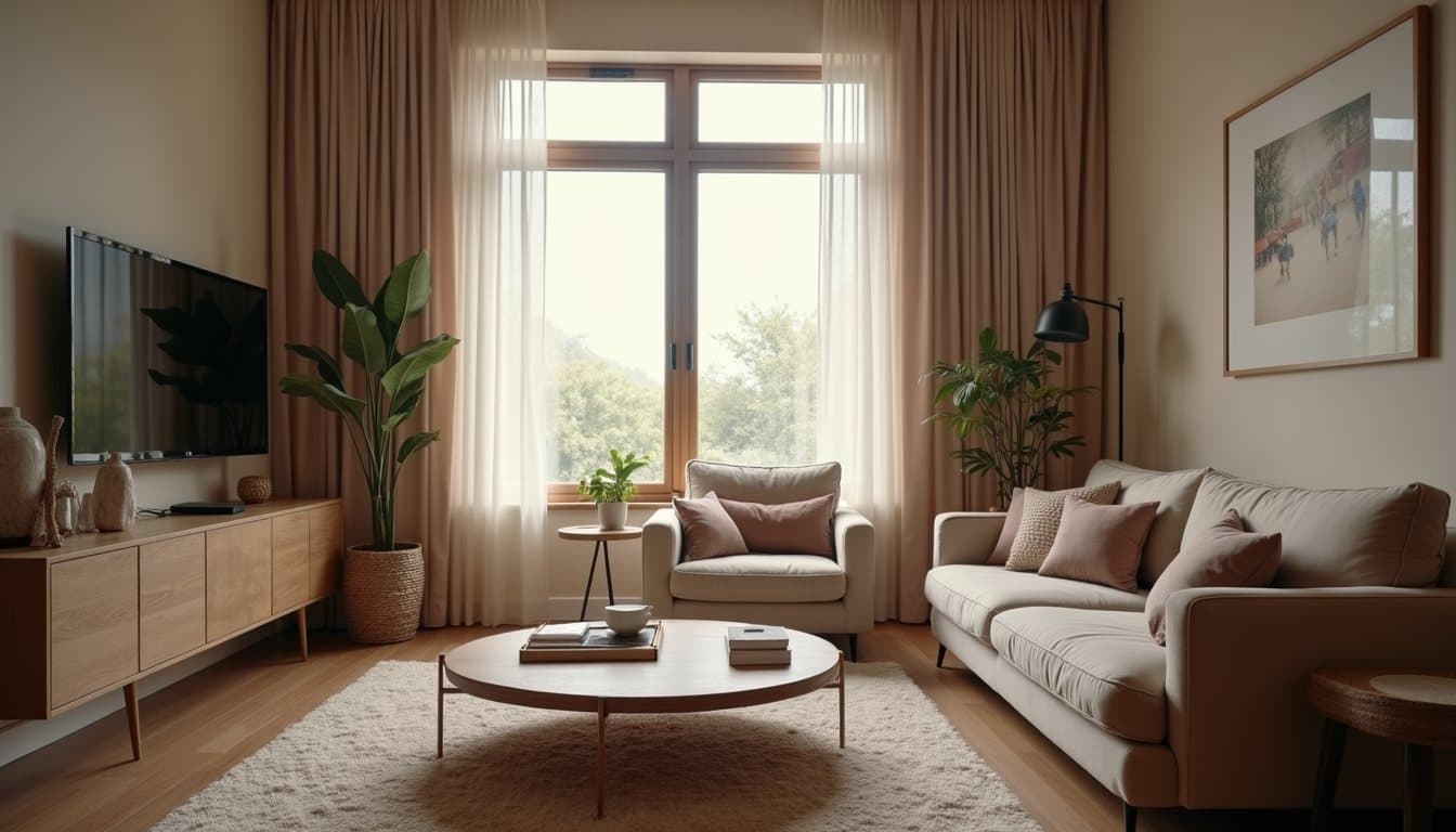 Eye-level view of cozy living room with comfortable seating