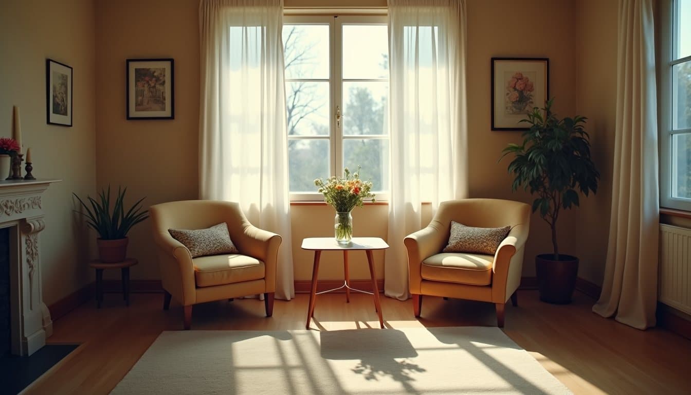 Eye-level view of a cozy room with comfortable chairs and a small table