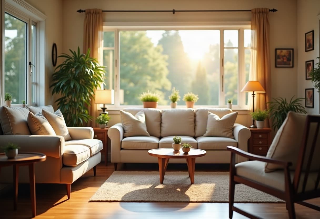 Cozy living room of a small residential adult family home in Puyallup, Washington with soft natural light and a garden view through the windows