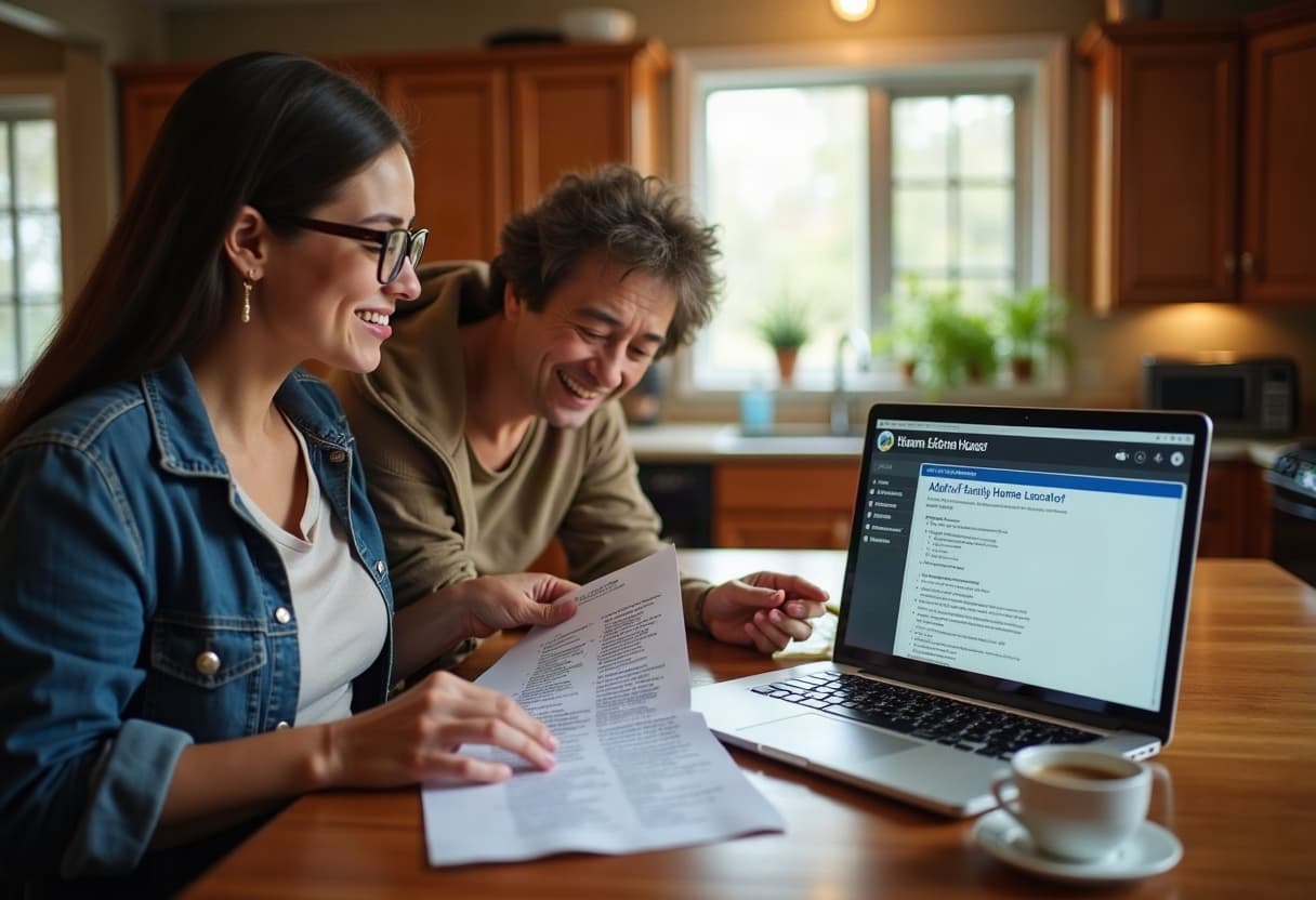A family member reviewing a printed list of licensed adult family homes at a kitchen table next to a laptop showing the Washington DSHS locator, with a cup of coffee and reading glasses