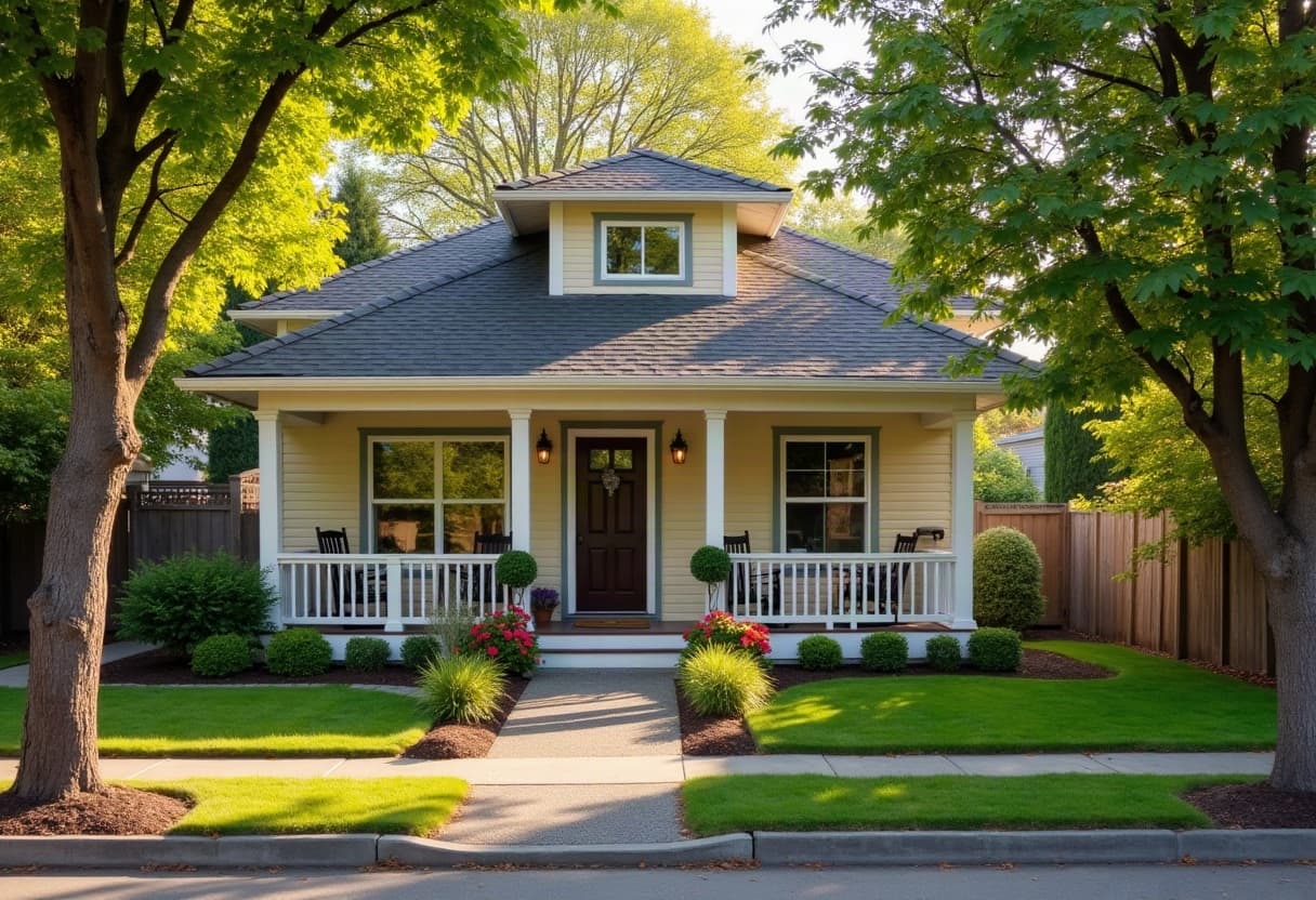 Quiet single-story adult family home on a tree-lined residential street in Puyallup, Washington, with a covered porch and well-kept garden