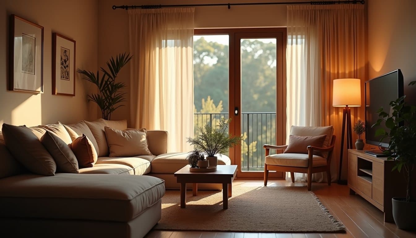 Eye-level view of a cozy living room with warm lighting and comfortable furniture