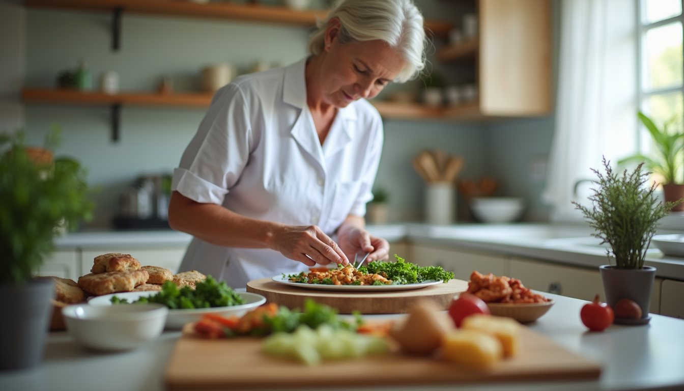 Close-up view of a caregiver preparing a meal in a senior care kitchen