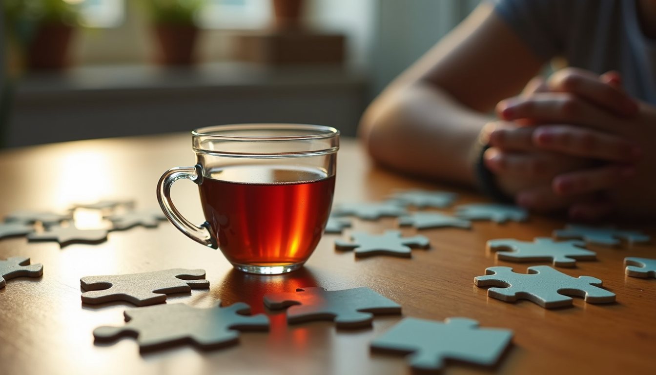Close-up view of a table with puzzle pieces and a cup of tea