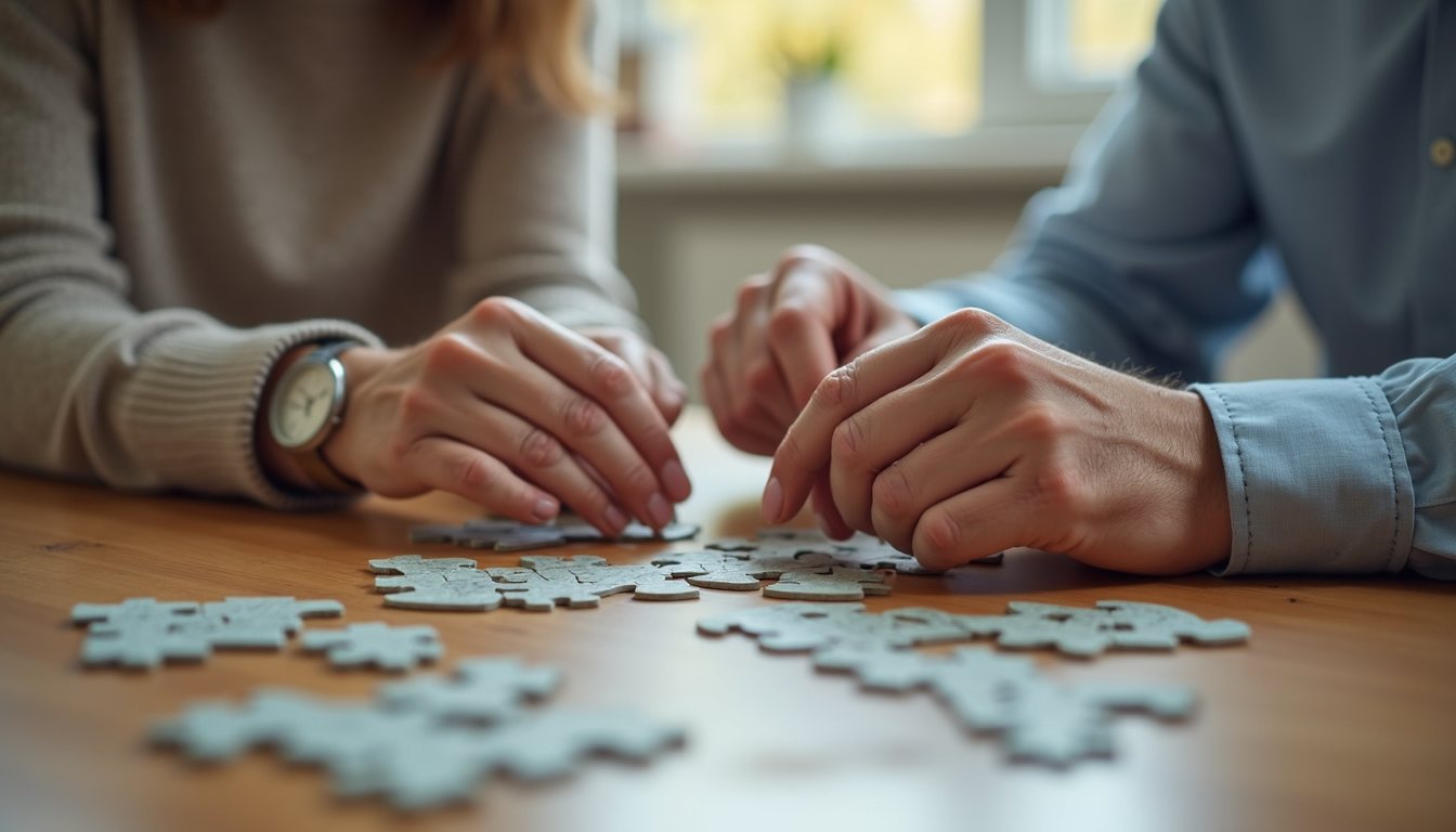 Close-up view of a caregiver arranging a puzzle with a senior resident